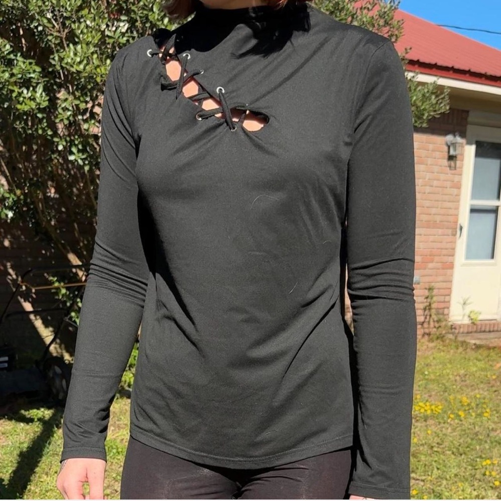 Black Lace-Up Detail Women's Top